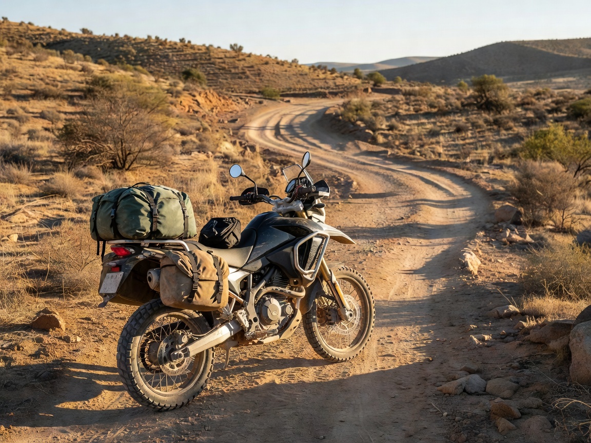 Adventure motorcycle loaded with luggage on a dirt trail