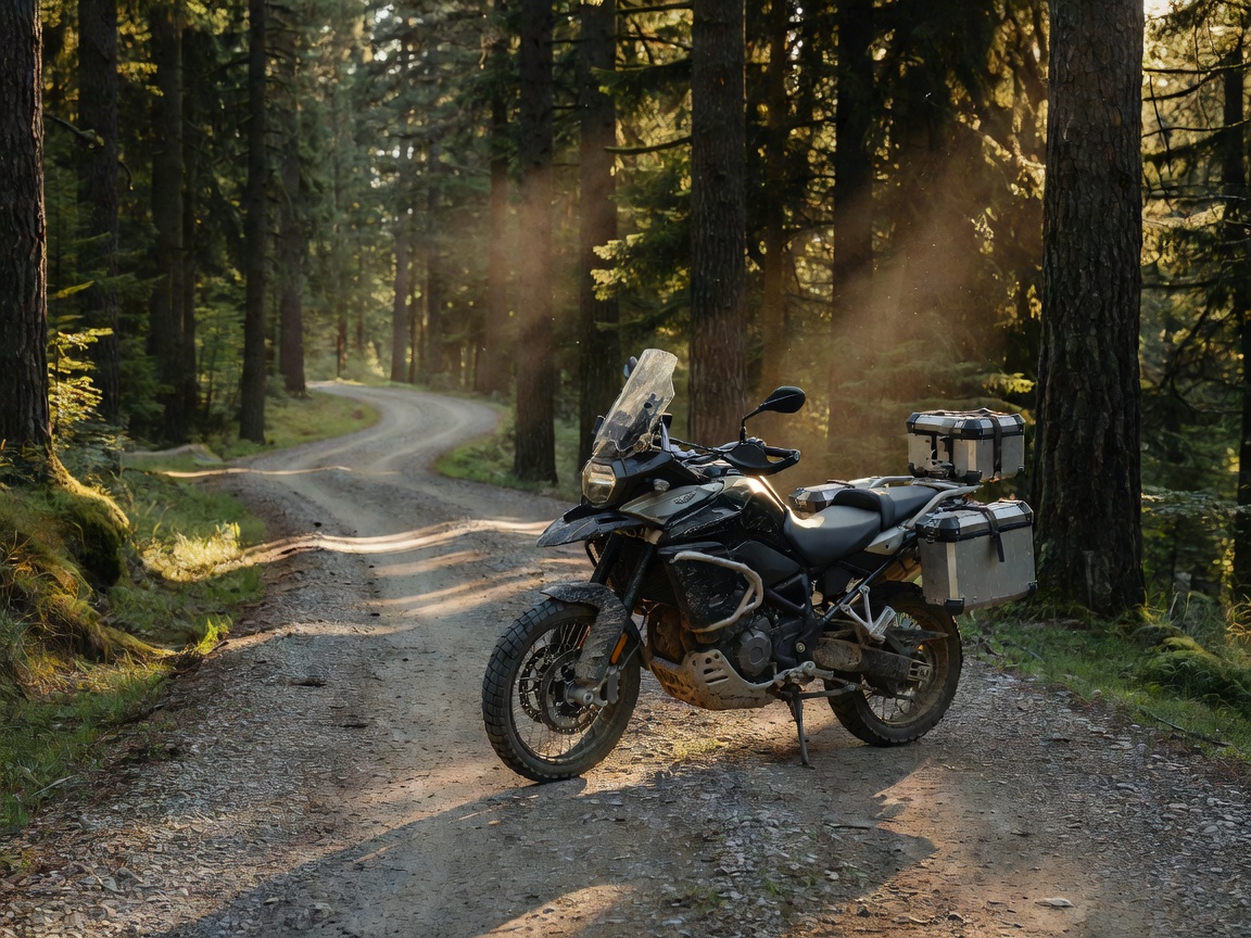 Adventure motorcycle parked on a gravel forest road