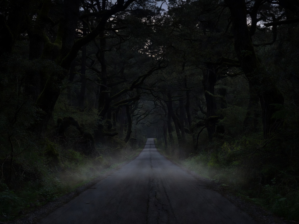 Empty road slicing through a deep dark forest