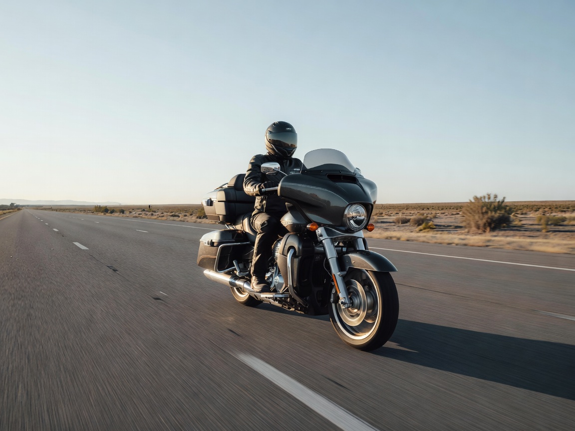 Large touring motorcycle cruising smoothly on a long straight highway