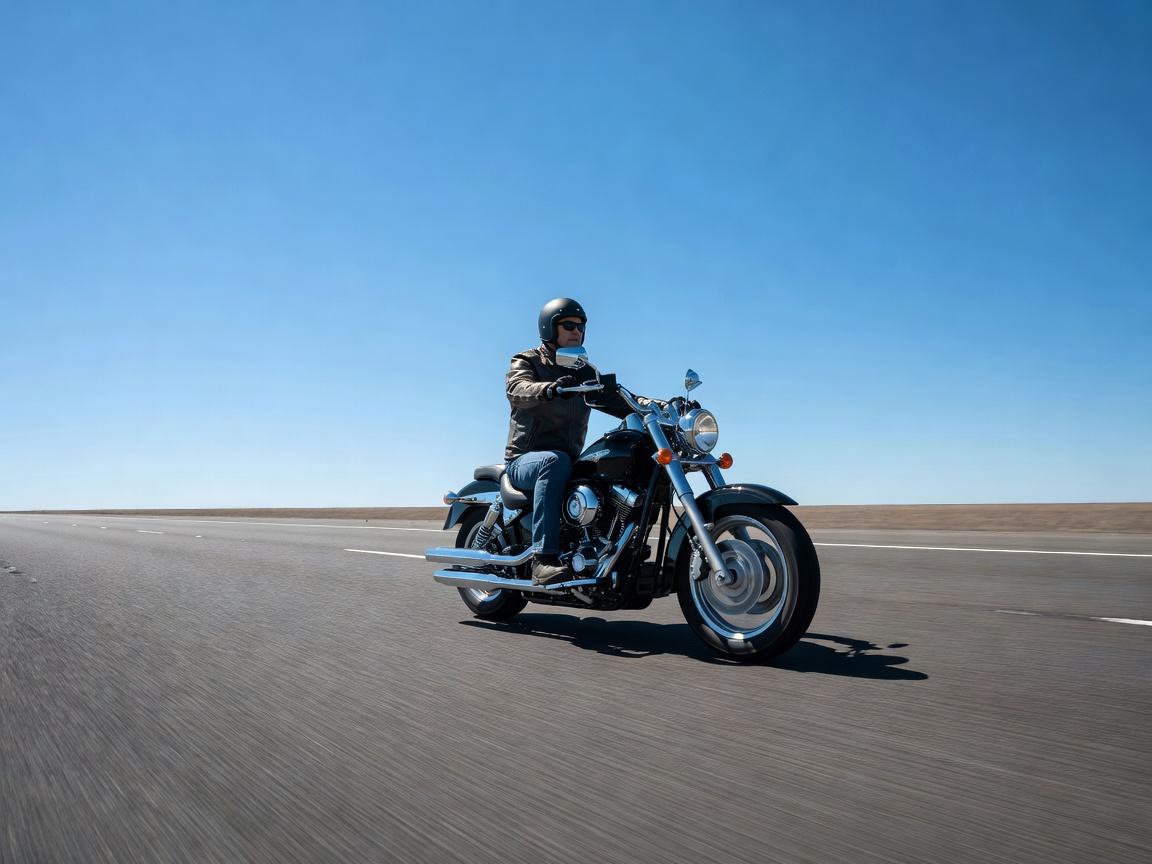 Motorcycle cruising under a bright clear summer sky on an empty highway