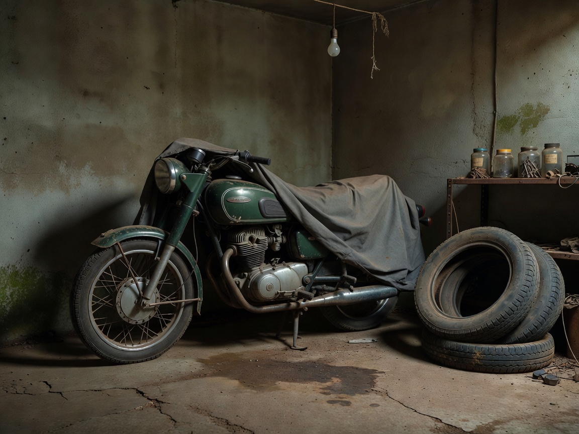 Motorcycle parked in a garage for winter storage