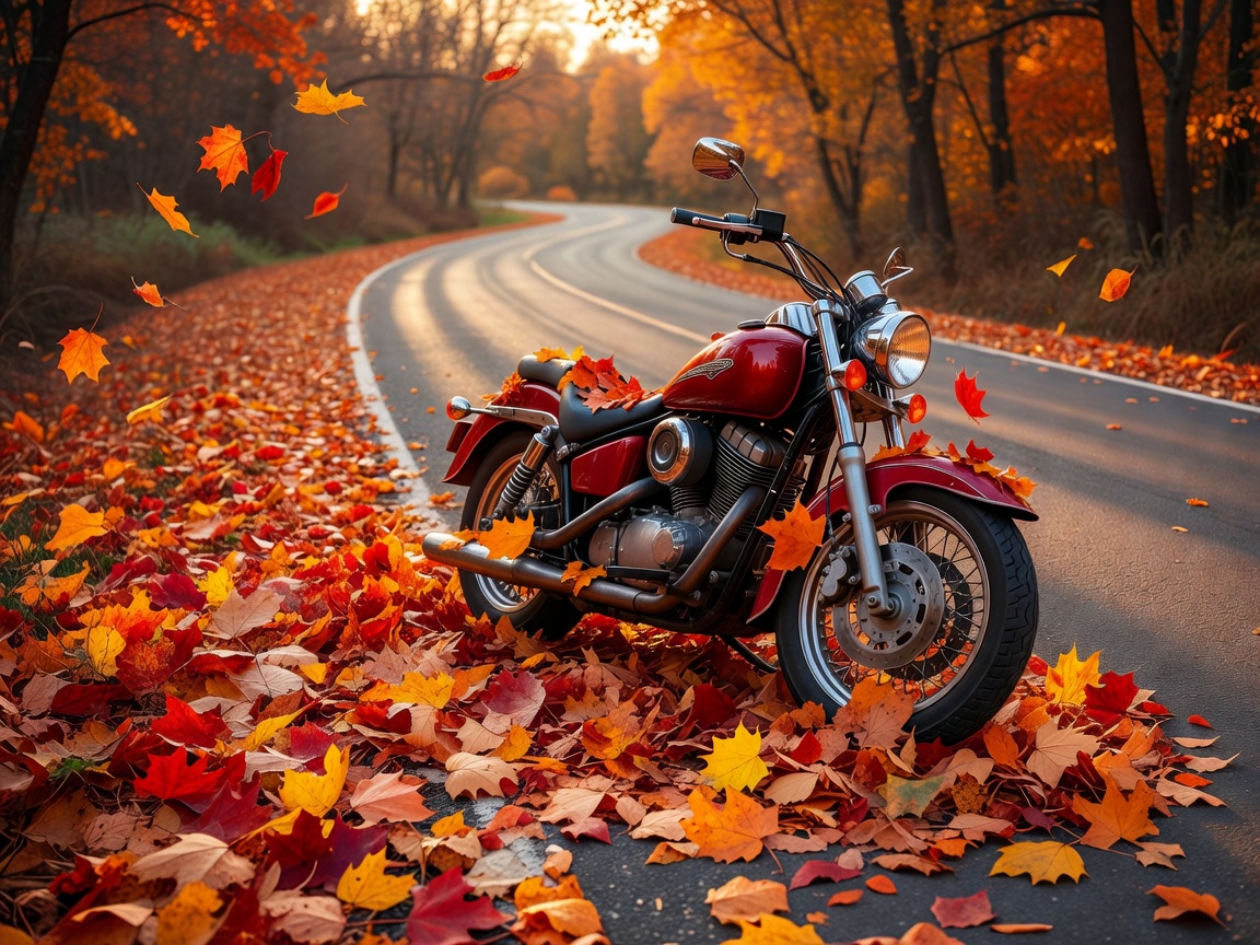 Motorcycle parked on a road covered in autumn leaves