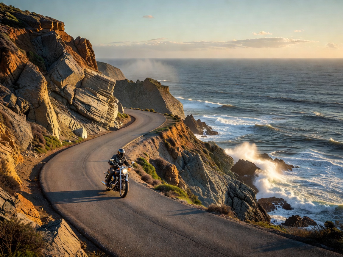 Motorcycle route running parallel to the rugged coastline