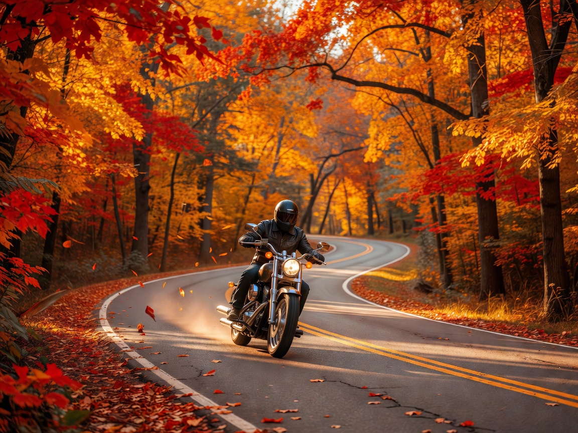 Motorcycle traveling down a road lined with bright orange and red autumn trees