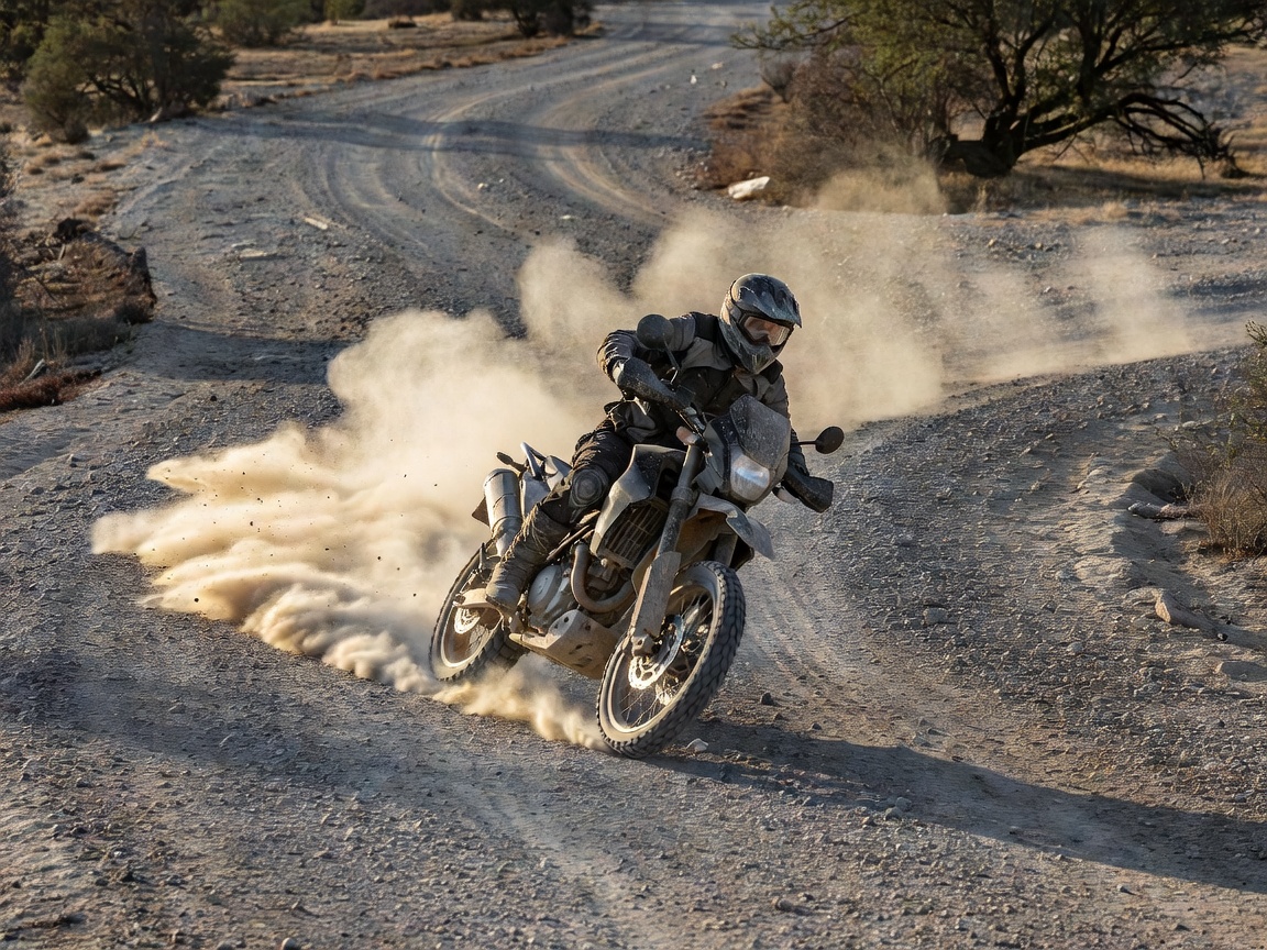 Motorcycle turning onto an unpaved gravel backroad