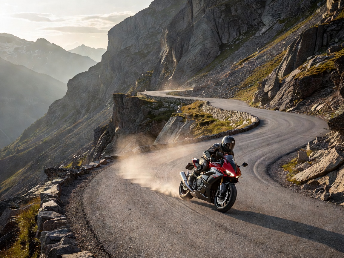 Motorcyclist carving through a sharp mountain pass road