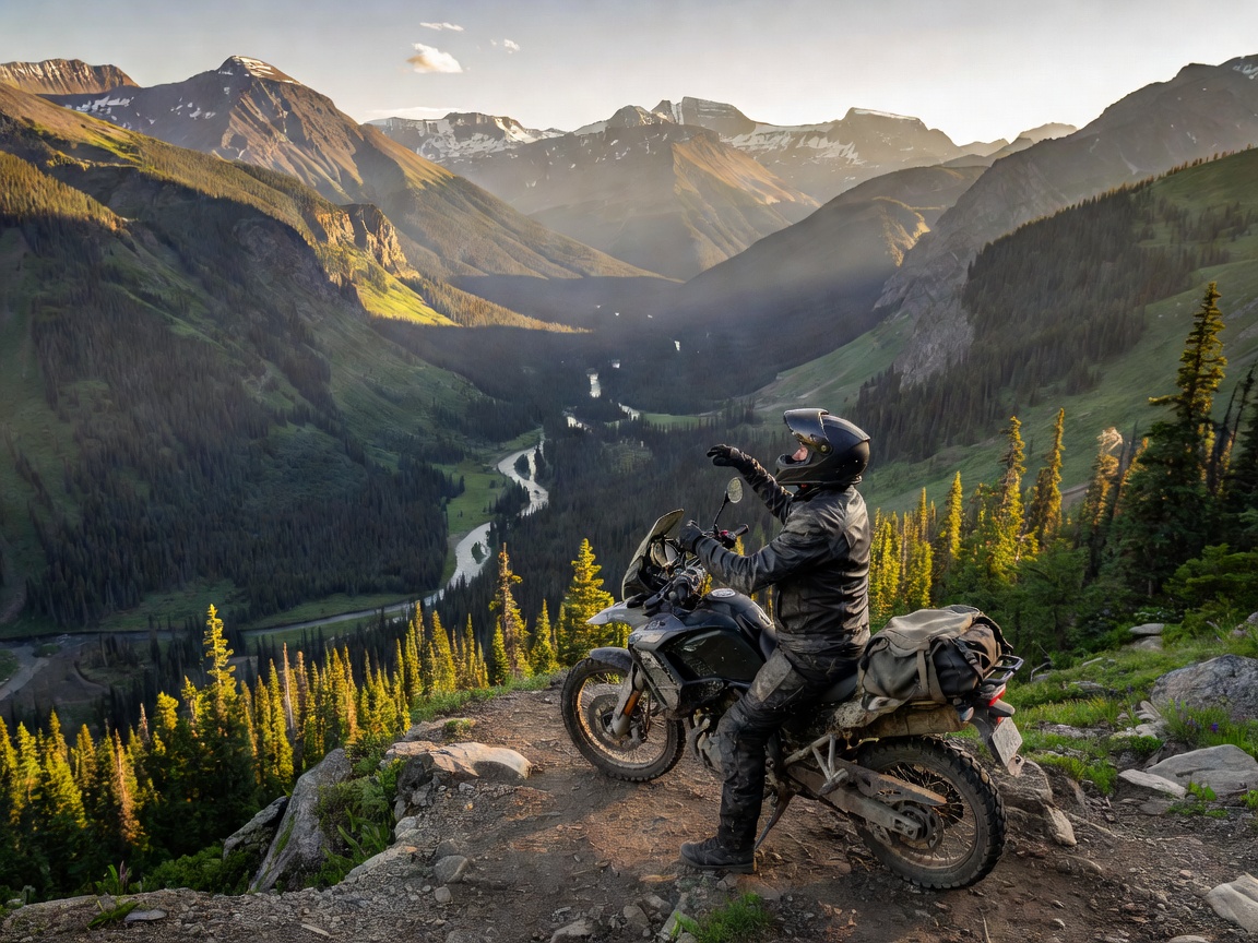Motorcyclist looking over an expansive Canadian mountain valley