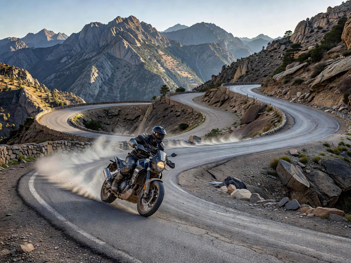 Motorcyclist riding twisty mountain roads