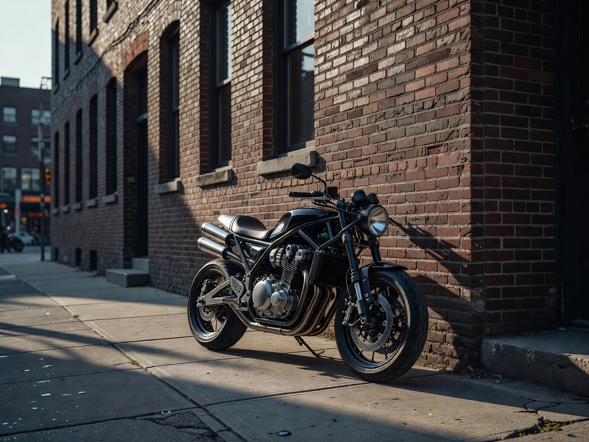 Naked street motorcycle parked next to an urban brick building