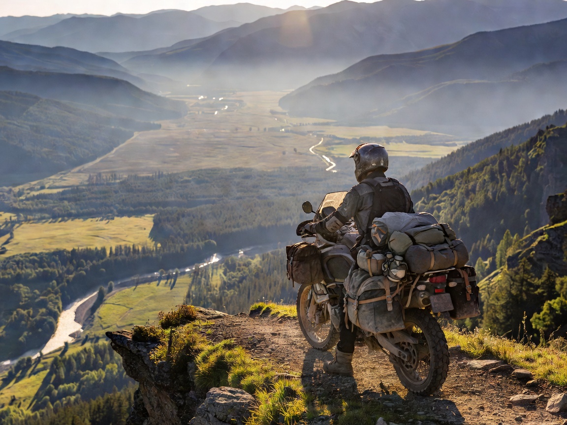 Rider on a fully loaded motorcycle looking out over a vast valley