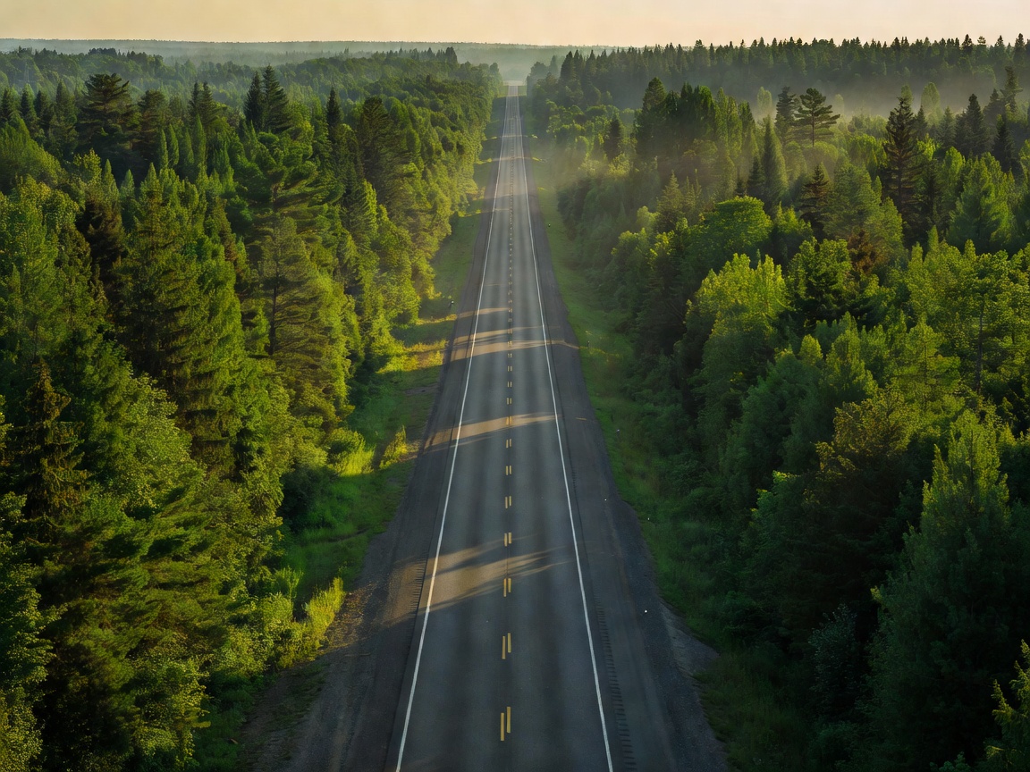 Straight highway cutting through a dense green forest
