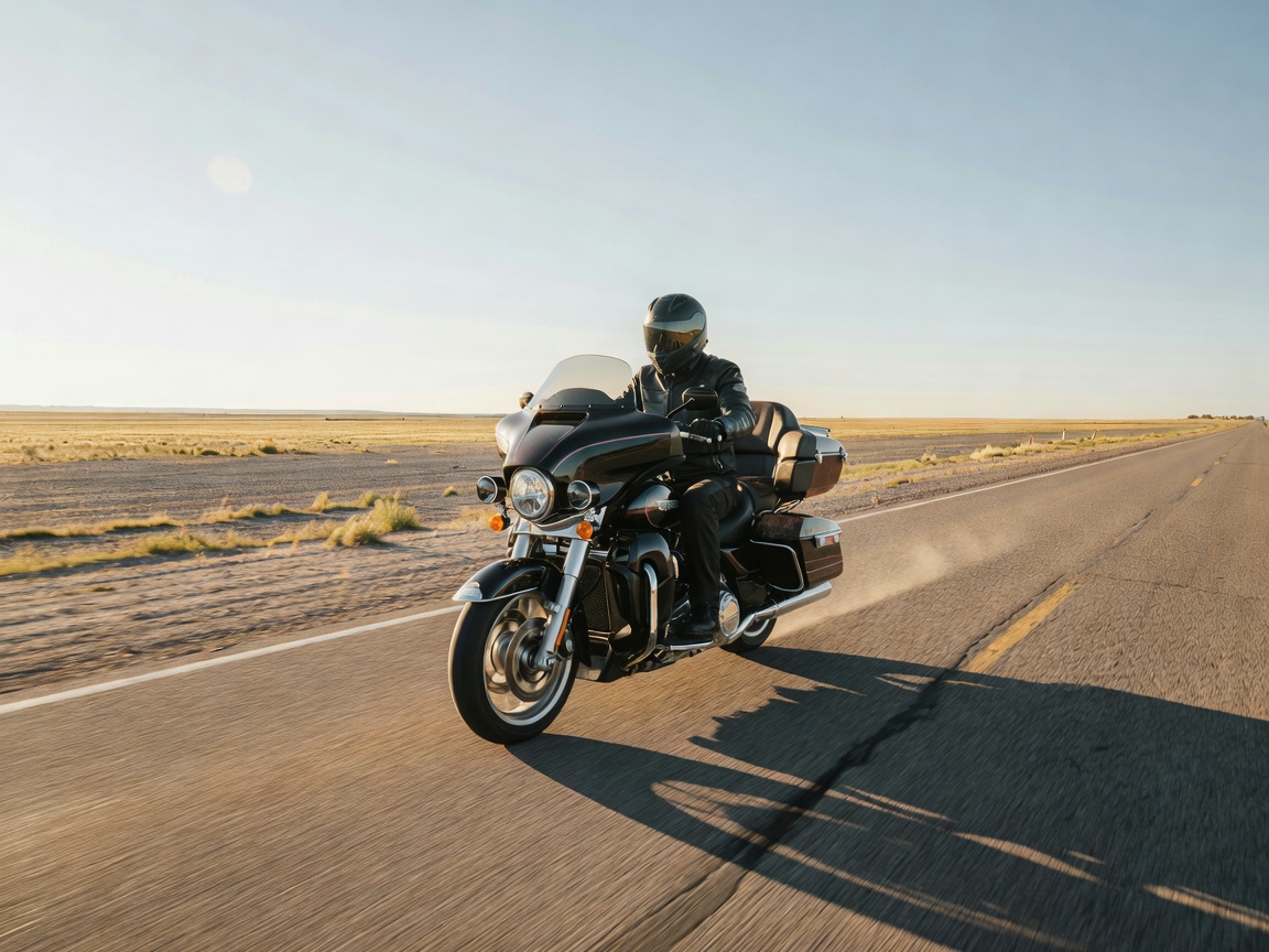 Touring motorcycle traveling down a long open highway